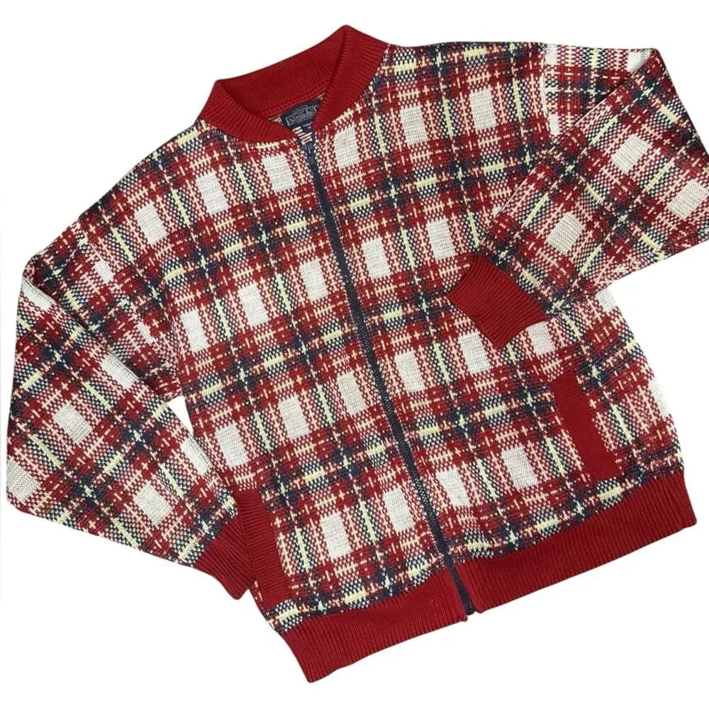 Lands End Cotton Knit Plaid Zip Up Bomber Jacket Cardigan Womens Size M Preppy